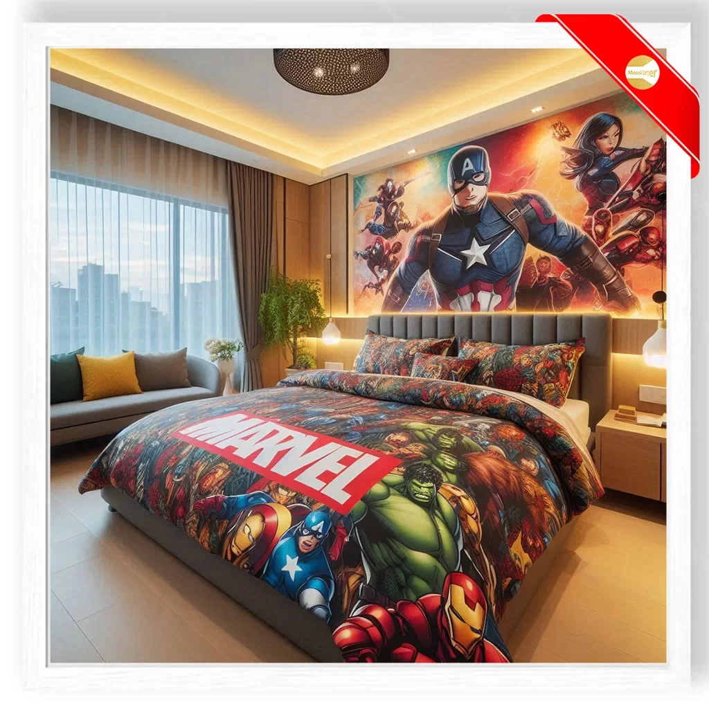 Kamar tidur dengan desain karakter marvel.